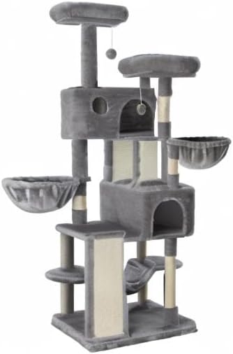 SHA CERLIN 65in Larger Cat Tree Tower Condo for Indoor Kitties/Multi-Level Furniture Activity Center with Wide Base/Cozy Plush Cat Perches/Baskets/Sisal Scratching Posts and Hammock/Grey