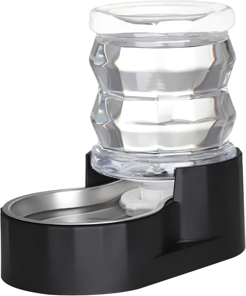 RIZZARI Dog Water Bowl Dispenser: 5L Gravity Black Automatic Stainless Steel Drinking Feeder with Filter for Dogs and Cats