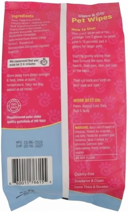 Dr. Paws Glove & Go Grooming Wipes for Dogs & Cats - Paraben Free, Alcohol Free, Lick-Safe, Hypoallergenic, Oatmeal Scented Dog Wipes for Paws and Butt, Puppy Wipes (20 Count)