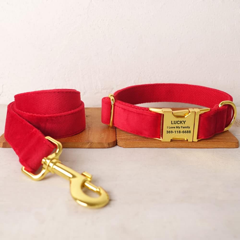 PETDURO Personalized Dog Collar Red Soft Velvet for Large Medium Small Boy Girl Dogs - Custom Collar with Name Phone Engraved on Bright Gold Metal Buckle - Add Matching Leash Bow Set via Customize Now