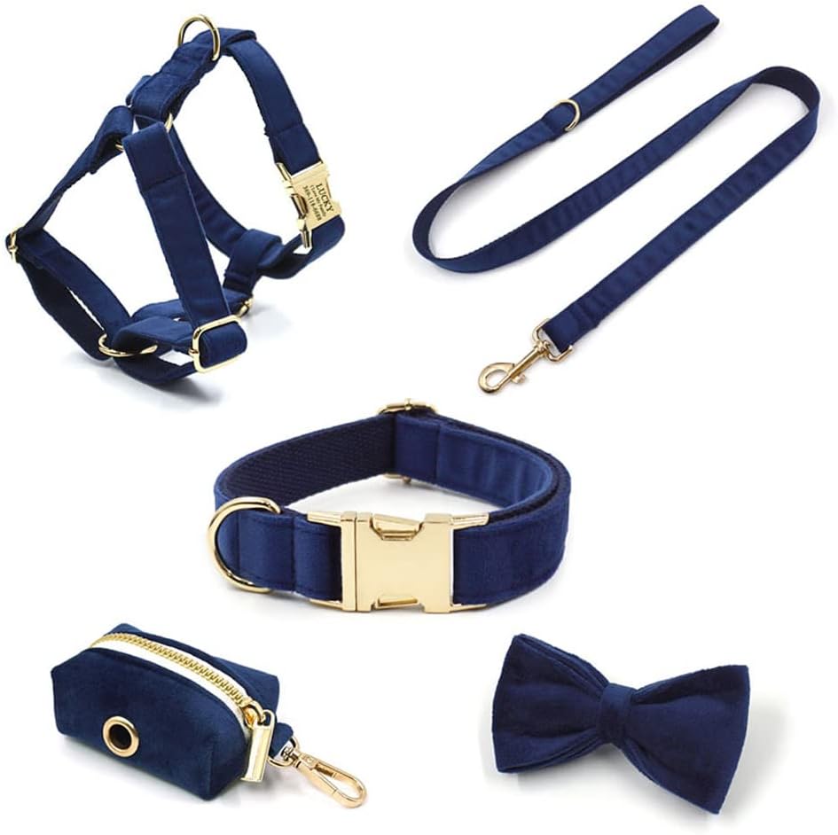 PETDURO Custom Dog Collar Personalized with Name Engraved Quick Release Rose Gold Metal Buckle for Large Medium Small Girl Dogs - Dog Leash and Bow Tie Available - Soft Comfy Velvet (Dark Blue, XS)