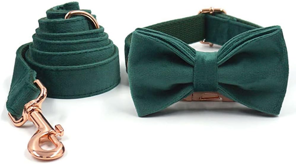 PETDURO Custom Dog Collar Personalized with Name Engraved Rose Gold Metal Buckle for Large Medium Small Dogs - Soft Cute Velvet Dog Leash and Bow Tie Available (Christmas Green RG, XL)