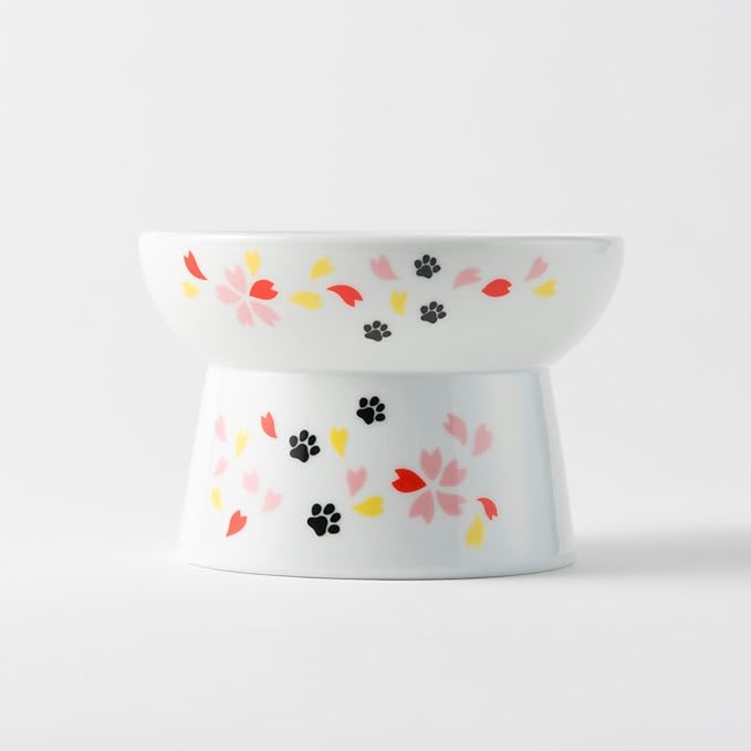 Necoichi Raised Cat Food Bowl – Ceramic Elevated Cat Bowl for Whisker & Neck Fatigue, Dishwasher Microwave Safe – Non-Slip & Anti Vomiting Ergonomic Design (Sakura Floral, Regular)