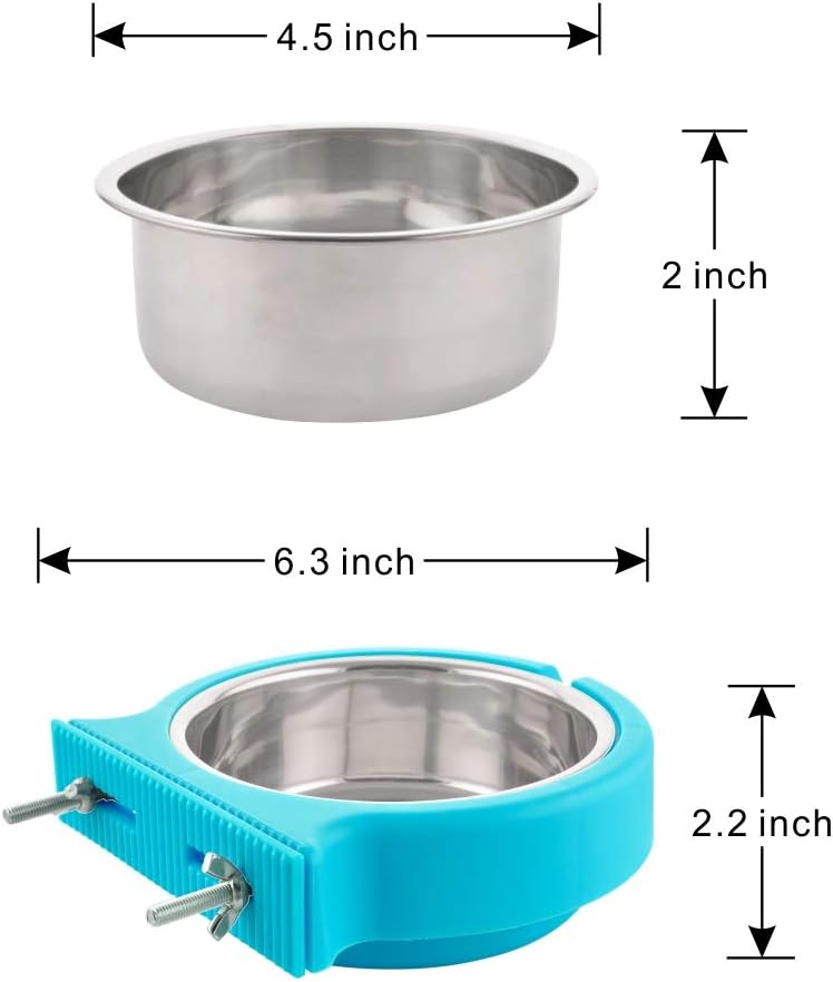 Crate Dog Bowl Removable Stainless Steel Water Food Feeder Bowls Cage Coop Cup for Cat Puppy Bird Pets (Small, Blue with Corrugated Clip)