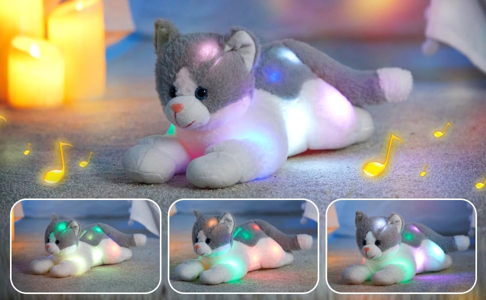 Houwsbaby 15" Gray LED Musical Cat Stuffed Animal Floppy Singing Kitty Light Up Plush Toy Kitten Lullaby Animated Soothe Birthday Festival for Kids Toddlers Girls Boys