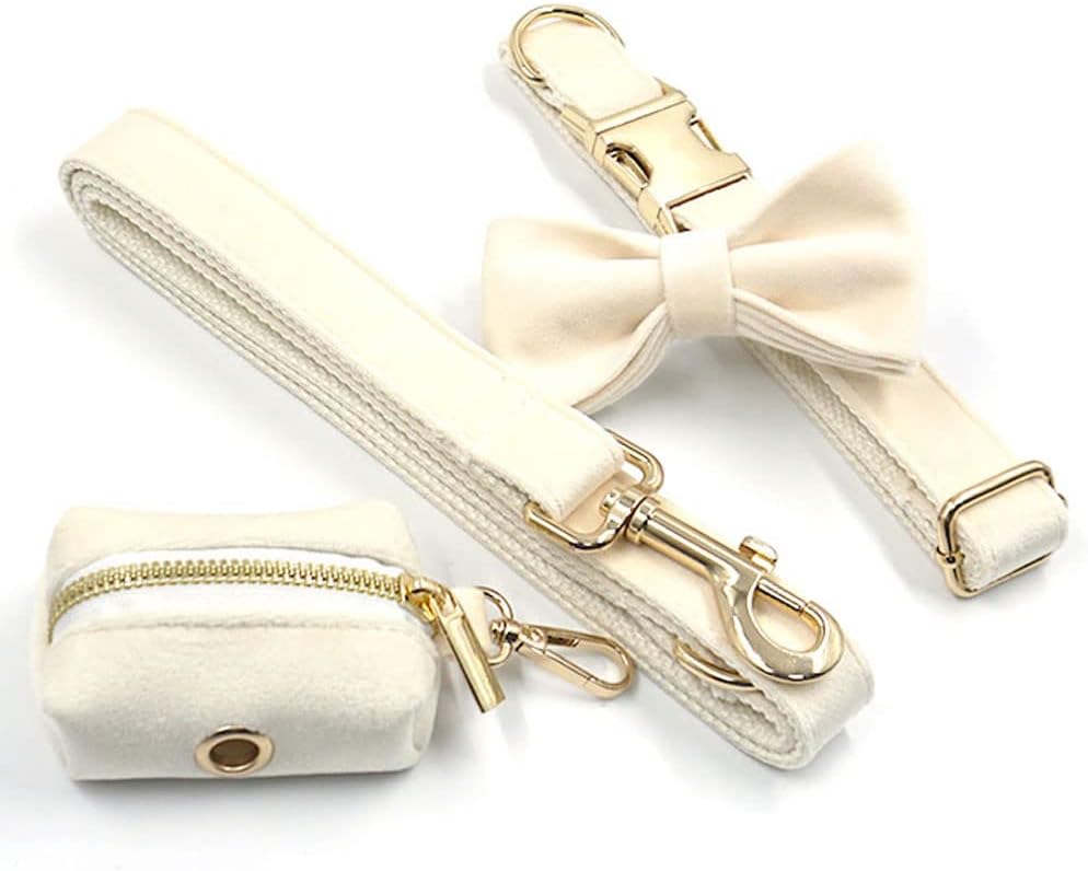 PETDURO Custom Dog Collar Personalized with Name Engraved Quick Release Rose Gold Metal Buckle for Large Medium Small Girl Dogs - Dog Leash and Bow Tie Available - Soft Comfy Velvet (Cream G, XS)