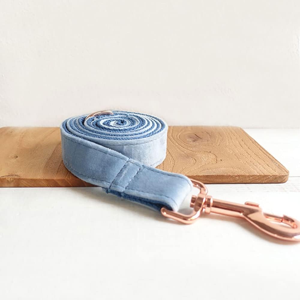 PETDURO Personalized Dog Collar Dusty Blue Soft Velvet for Large Medium Small Boy Girl Dogs - Custom Collar with Name Phone Engraved on Rose Gold Metal Buckle - Add Leash Bow Set via Customize Now