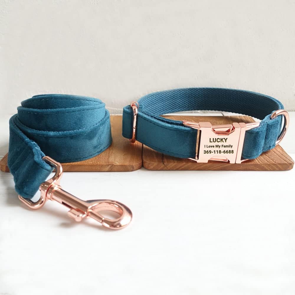 PETDURO Personalized Dog Collar Teal Soft Velvet for Large Medium Small Boy Girl Dogs - Custom Collar with Name Phone Number Engraved on Rose Gold Metal Buckle - Add Leash Bow Set via Customize Now
