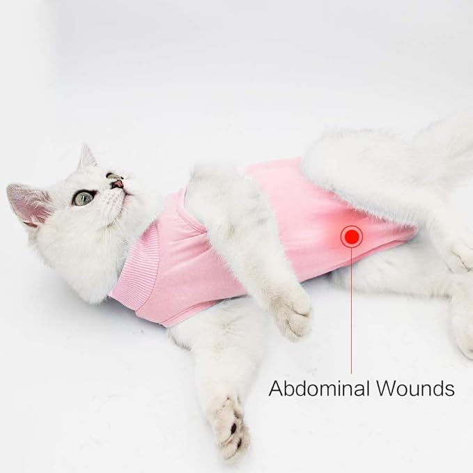Cat Recovery Suit for Male and Female Surgical Post Surgery Soft Cone Onesie Shirt Clothes Neuter Licking Protective Diapers Outfit Cover Kitten Spay Collar(L, Pink)