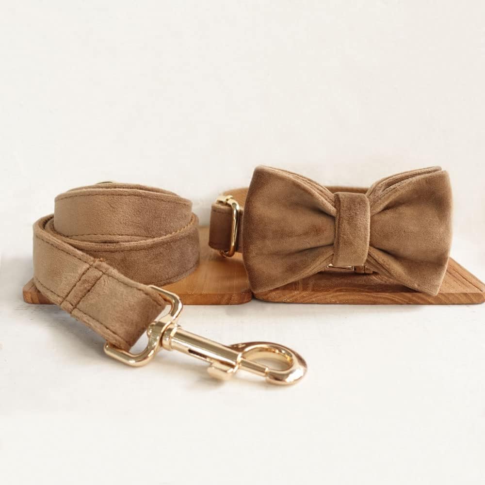 PETDURO Custom Dog Collar Personalized with Name Engraved Gold Metal Buckle for Large Medium Small Dogs - Dog Leash and Bow Tie Available - Soft Thick Velvet (Camel RG, XS)