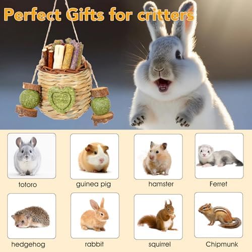 Rabbit Chew Toys,Natural Hanging Basket with Sweet Bamboo,Timothy Hay,Peach Sticks for Bunny Chinchillas Guinea Pigs Hamsters Rats Teeth Grinding