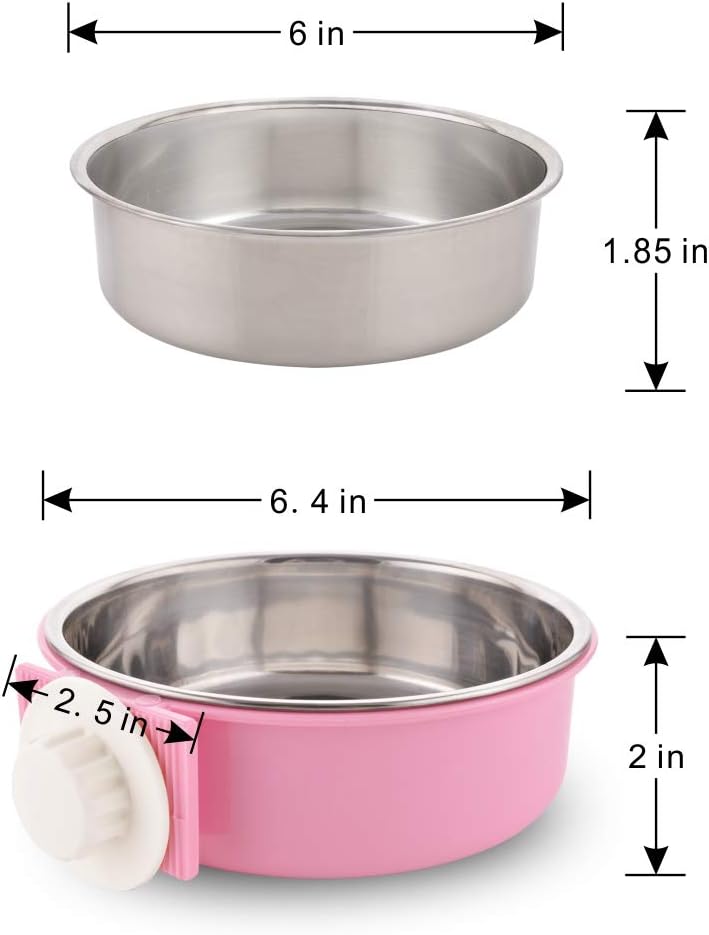 Crate Dog Bowl Removable Stainless Steel Water Food Feeder Bowls Cage Coop Cup for Cat Puppy Bird Pets (Large, Pink)