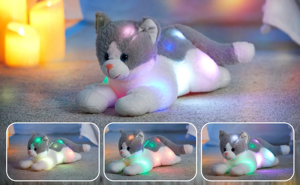 Houwsbaby 15" Gray Light up Kitty Stuffed Animal Cat Floppy LED Plush Toy Kitten Night Lights Glow Pillow Birthday Festival Christmas Halloween Presents for Kids Toddler Girls
