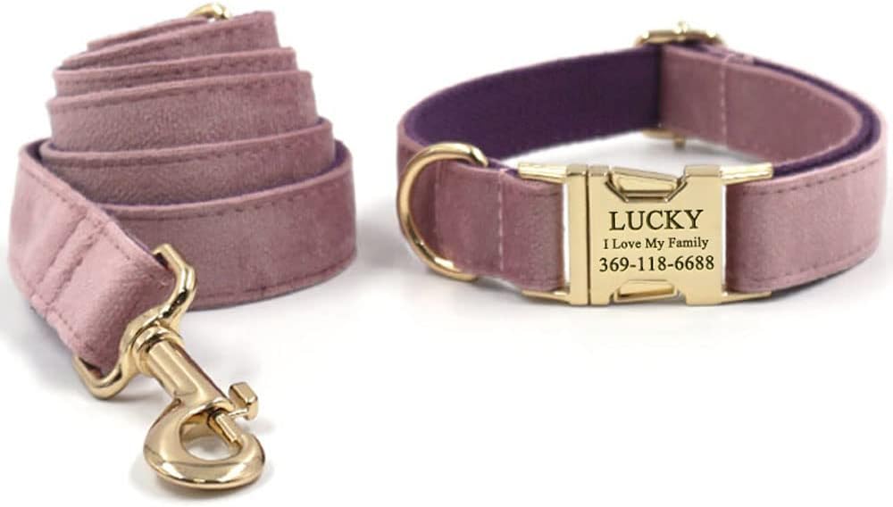 PETDURO Personalized Dog Collar Pink Purple Soft Velvet for Large Medium Small Boy Girl Dogs - Custom Collar with Name Phone Number Engraved on Gold Metal Buckle - Add Leash Bow Set via Customize Now