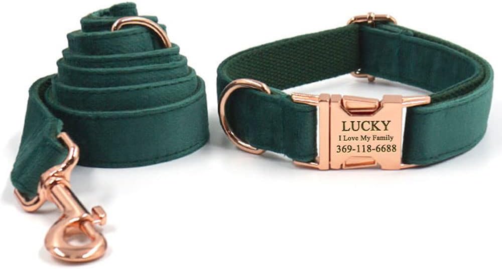 PETDURO Custom Dog Collar Personalized with Name Engraved Gold Metal Buckle for Large Medium Small Dogs - Soft Cute Velvet Dog Leash and Bow Tie Available (Christmas Green RG, XS)