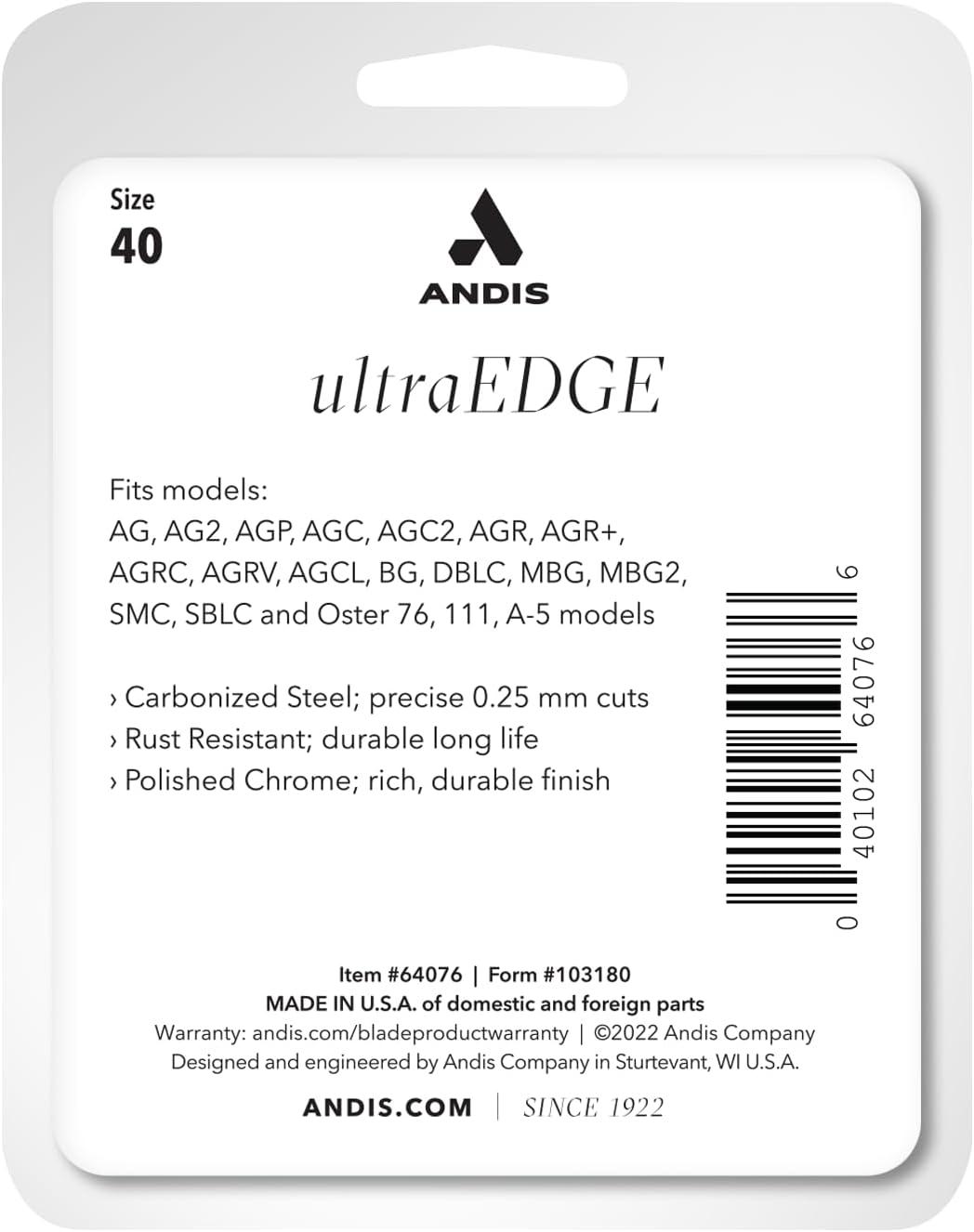 Andis - 64076, Ultra Edge Super Blocking Dog Clipper Blade - Built with Carbon-Infused Steel, Sharp Cutting Edges with Zero Gaps, Size-40, Removes Hairs 1/100-Inch - for Full Body Grooming, Chrome