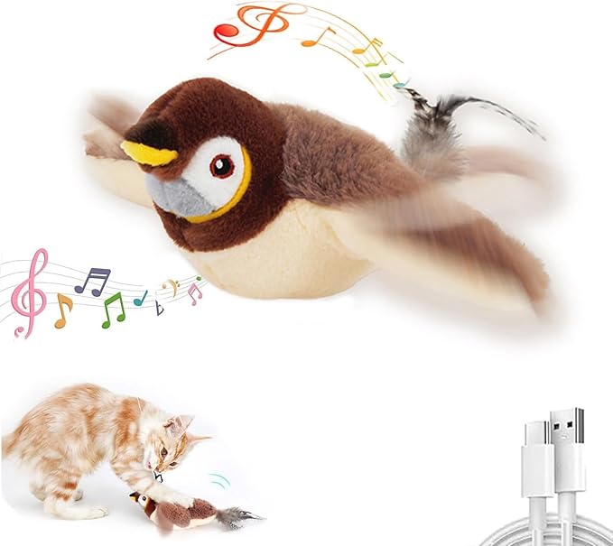 Interactive Chirping Bird Cat Toys with Flapping Wings, 2025 New Flying Birds Cats Toy, Flying Simulation Electric Sparrow Shaking Hunting Pet Toy for Indoor (Brown)
