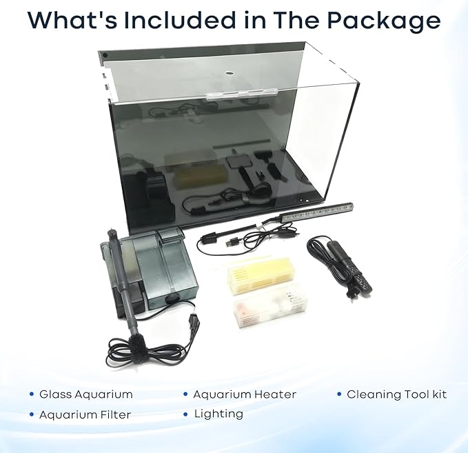 10 Gallon Aquarium Set Glass Fish Tank, with Heater Self Cleaning System Filter with Media Bright Light, Leak-Proof Clear Rimless Betta Tropical Freshwater Fish