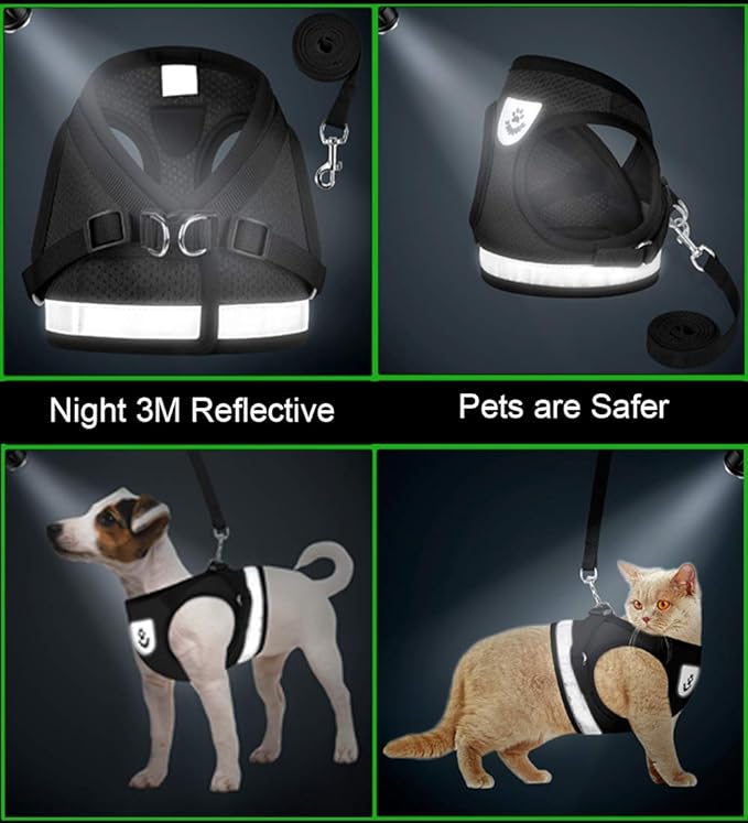 Cat Harnesses and Puppy Harness with Leashes Set, Escape Proof Cat Harness, Adjustable Reflective Soft Mesh Vest Fit Puppy Kitten Rabbit Ferrets's Outdoor Harness(blackXL)