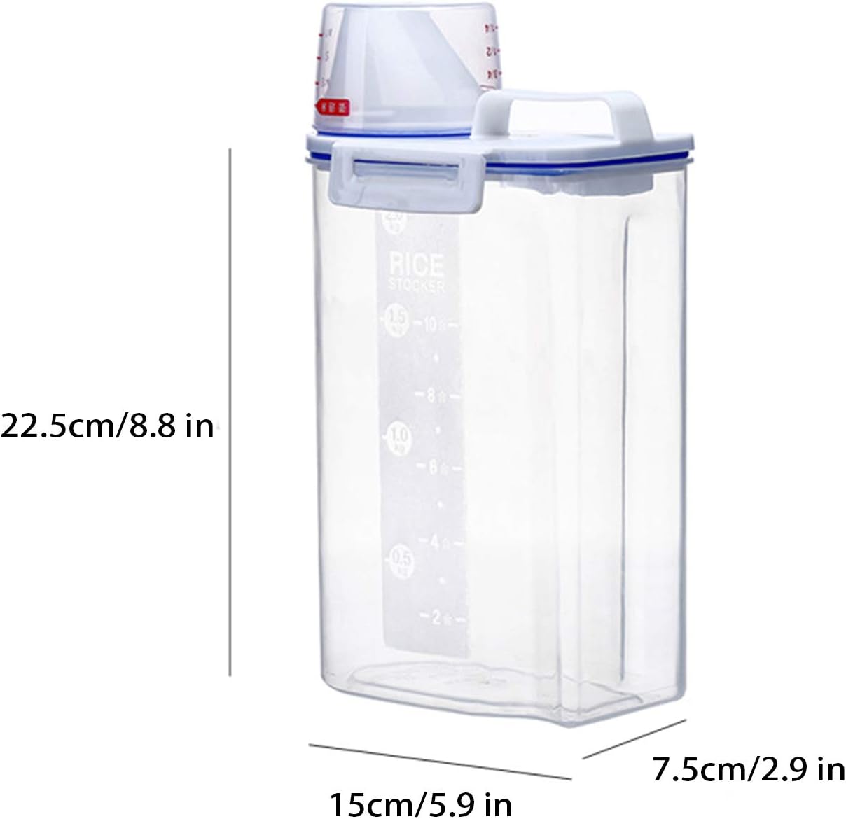 Rocutus Pet Food Storage Container,Portable Cat Dog Food Container With Measuring Cup,4 Seal Buckles Food Dispenser for Regular Food,Dogs, Cats, Birds (White Blue)