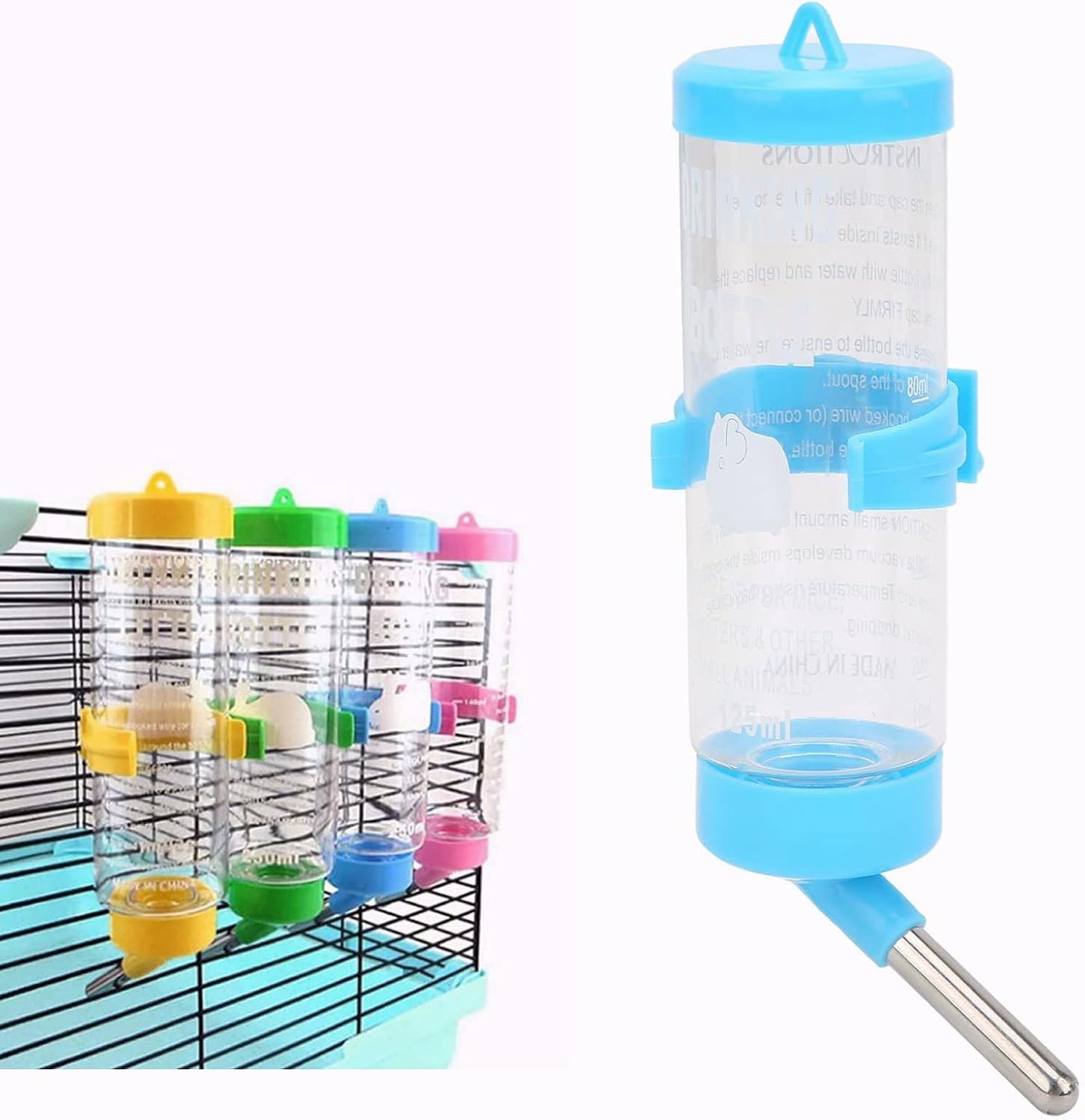 Hamsters Water Bottle, Automatic No Drip Hanging Water Feeder Dispenser for Small Animals Guinea Pig Rat Rabbit Dwarf Gerbil Chinchilla(Blue 125ML)