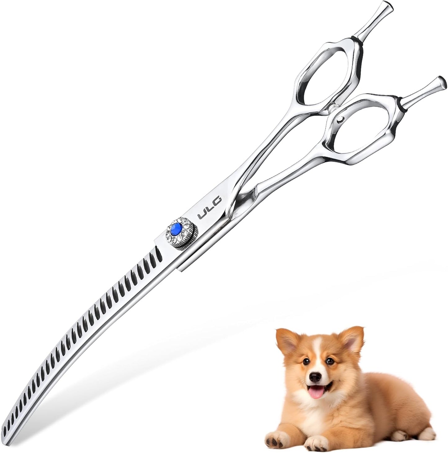 ULG 7.5" Curved Professional Dog Grooming Shears 30-Tooth Precision Thinning (55-60%) Japanese 440C Stainless Steel Adjustable Tension & Universal Left & Right Hand Use