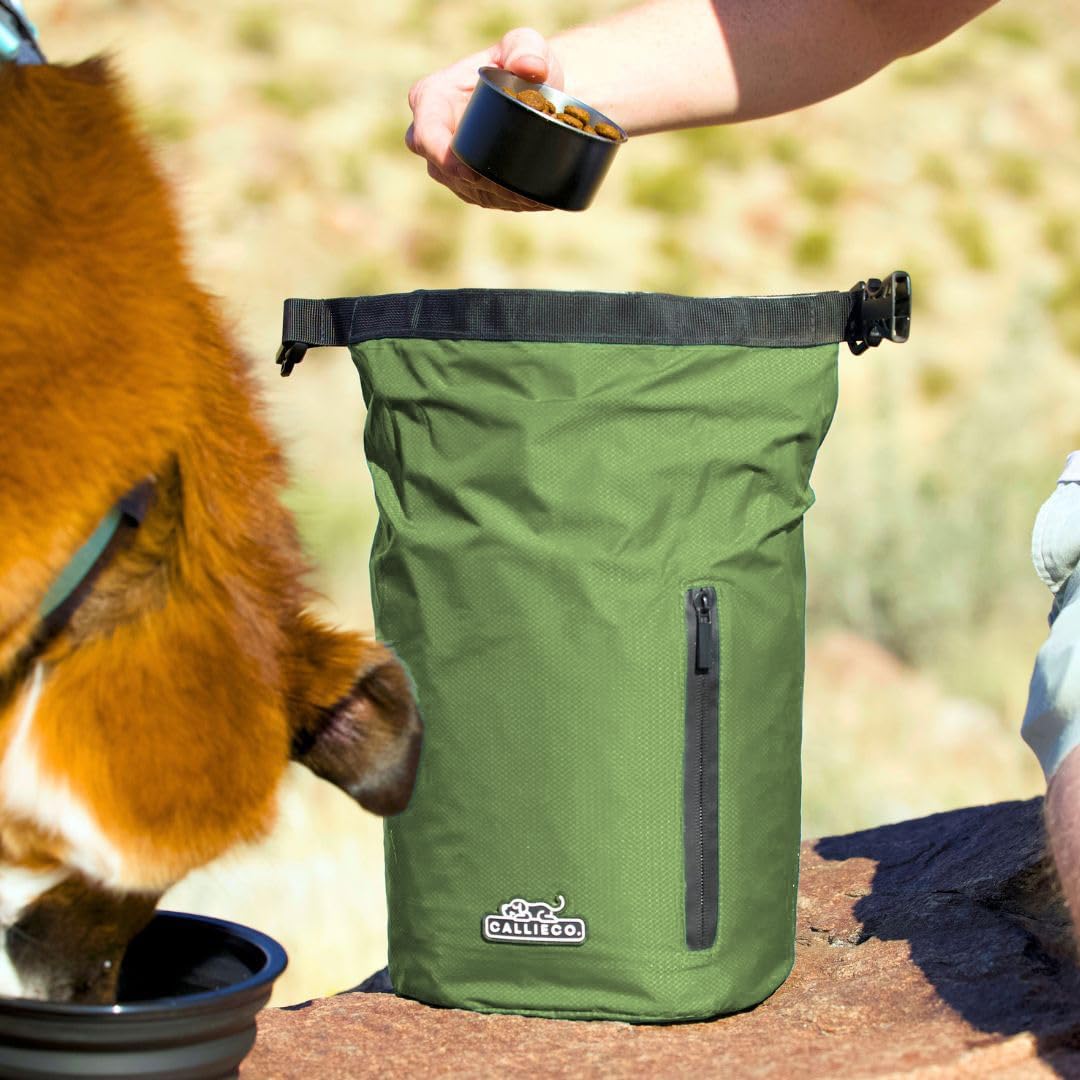 Callieco Dog Food Travel Bag w/ 1 Cup Scoop and Zipper Side Pocket | Waterproof Kibble Storage Container for Home, Road Trips, Camping, Boarding and More (Green, 64 Cups)