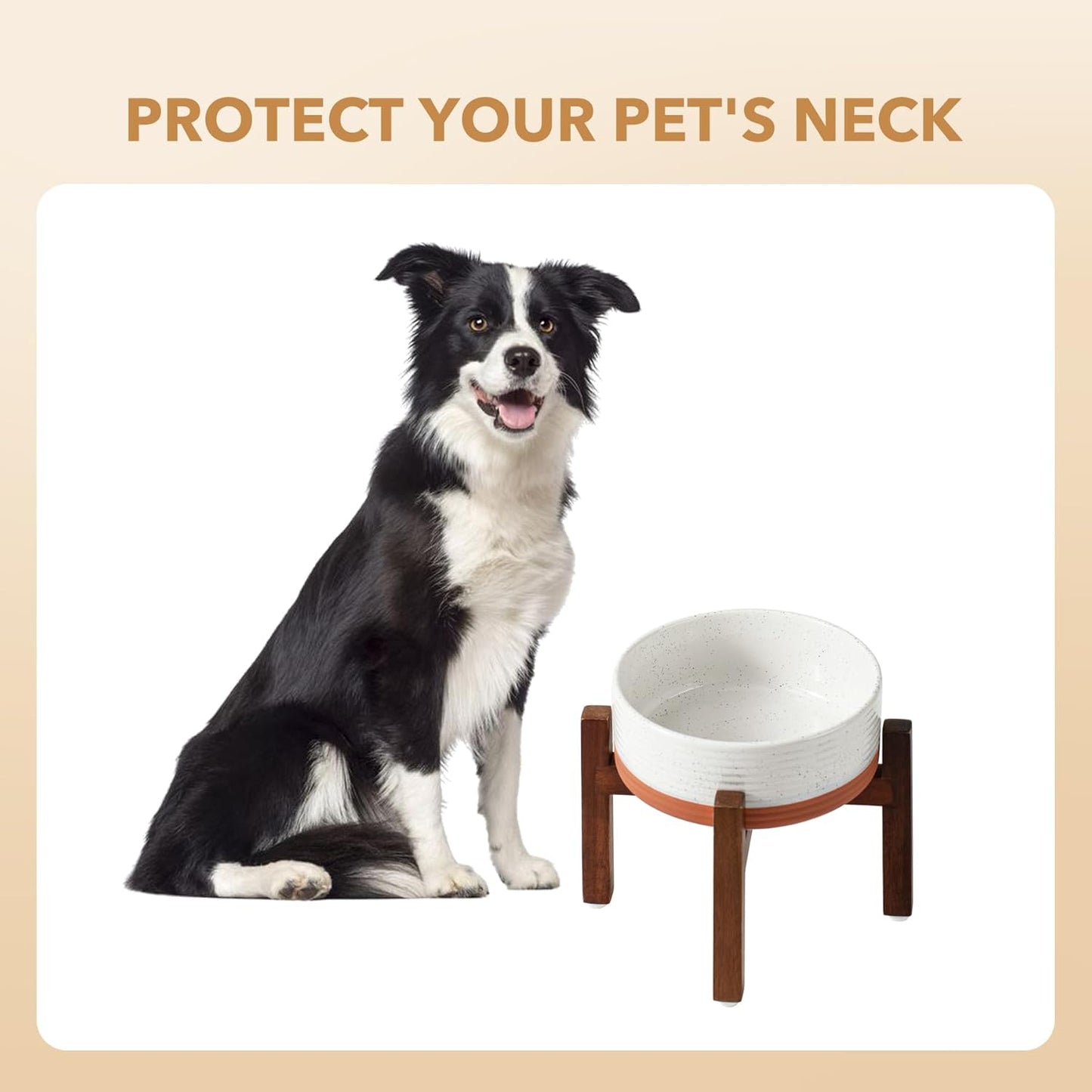 Ceramic 7.3inch Raised Dog Bowl Set, Elevated with Acacia Wood Stand, Food and Water Bowl for Medium Breed Dogs, Weighted Pet Dishes(41oz, Vanilla White)