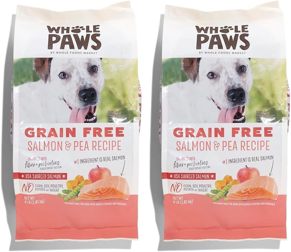 Whole Paws, Grain-Free Dry Dog Food, Salmon & Pea Recipe, Enhanced with Fiber & Prebiotics, 4 lb (Pack of 2)
