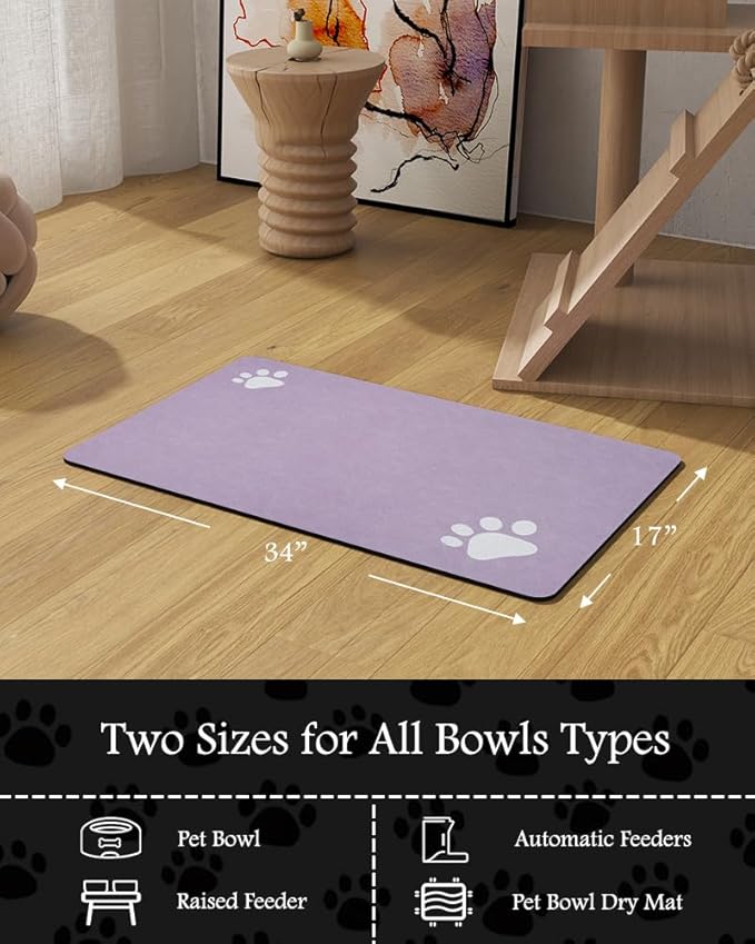 Pet Feeding Mat-Absorbent Dog Mat for Food and Water Bowl-No Stains Quick Dry Water Dispenser Mat-Dog Accessories Pet Supplies-Bowl for Messy Drinkers(Purple,17"x34"
