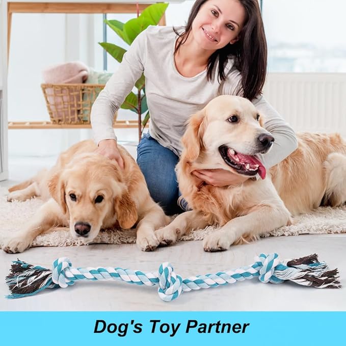 SZEE Dog Rope Toys, 24 in 3 Knots Chew Rope for Medium and Large Dogs, Natural Cotton Pet Pull Toy for Tug of War and Teeth Cleaning (Blue)