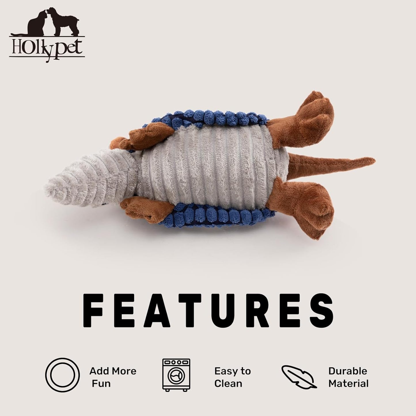 Hollypet Plush Dog Squeaky Toy Stuffed Armadillo Animal Pet Puppy Chew Toys with Clean Teeth for Small Medium Large All Breed Sizes Dogs, Dark Blue, 8 in