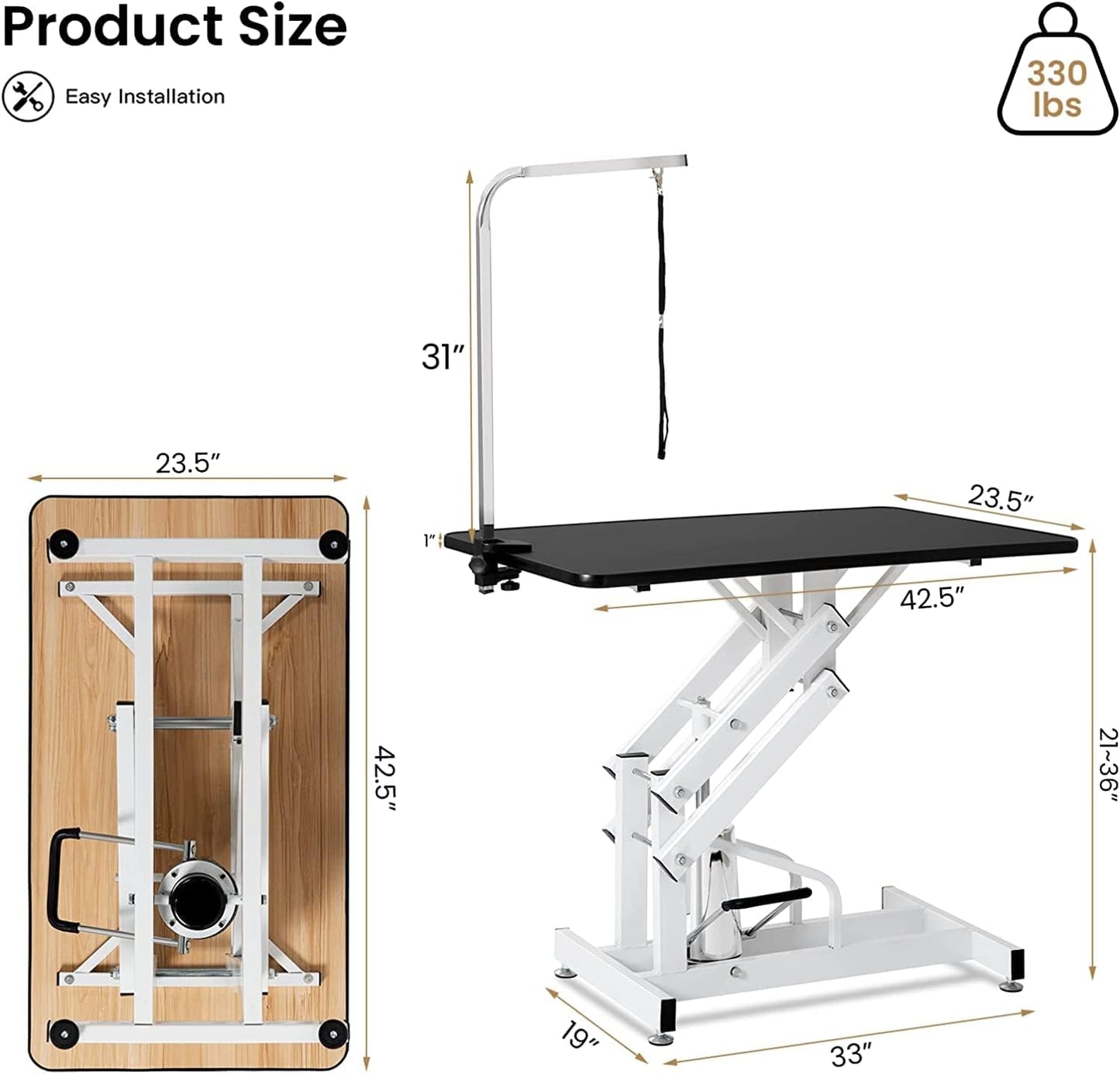 Hydraulic Dog Grooming Table, Heavy Duty Grooming Table for Small/Medium Dogs at Home, Pet Grooming Table with Adjustable Arm and Noose, Range 21-36 Inch, 43 Inch