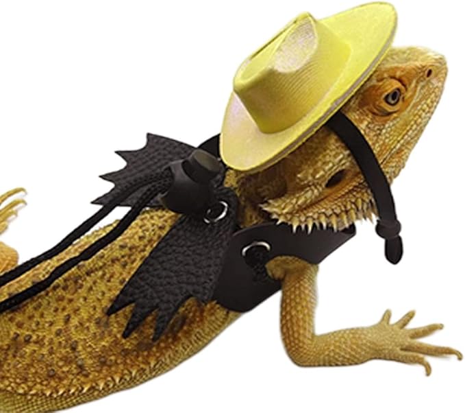Adjustable Bearded Dragon Leash Harness with Hat Set,3 Size Pack Leather Wings Safty Walking Leash for Bearded Dragon Lizard Reptiles (Yellow Hat and Black Harness Set)