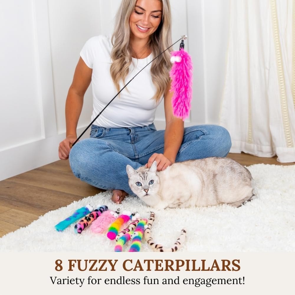 Cat Toys Set Cat Toy Wand Fishing Pole Retractable Teaser & Fuzzy Worm Interactive Kitten Toys Wand Attachments