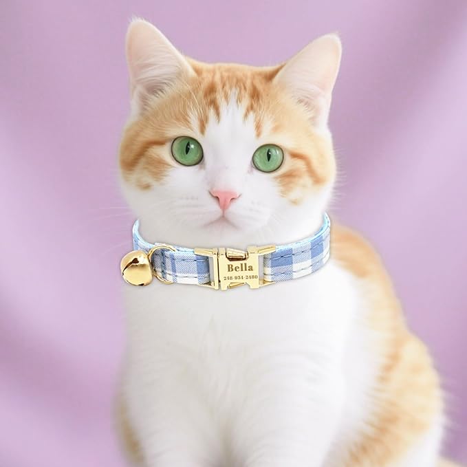 Personalized Cat Collar with Custom Name Plate, Customize Engraved Metal Buckle, Adjustable Cute Plaid Cat ID Tag Collars with Bell