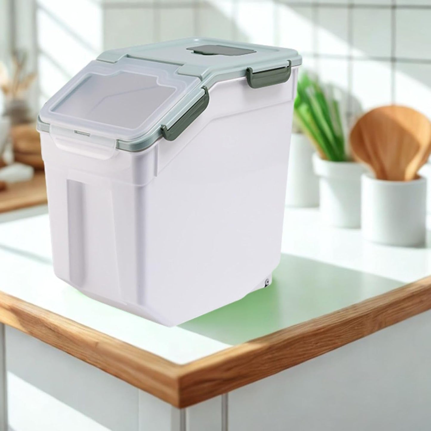 Large Flour Storage Container Bin 25lb, 4 Pack Airtight Rice Storage Containers with Wheels Seal Locking Lid, BPA Free, with Measuring Cup |Scoop, for Flour, Rice, Grain, Dry Food - Green