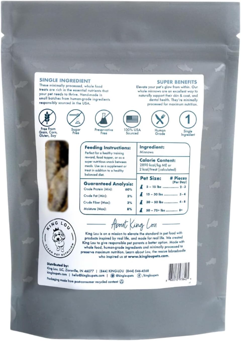 King Lou Pets - Whole Minnows for Cats and Dogs - Freeze Dried Minnows - USA-Made Freeze Dried Dog Treats and Cat Treats - Omega Rich for Skin and Coat Health - 1 lb Prior to Freeze-Drying