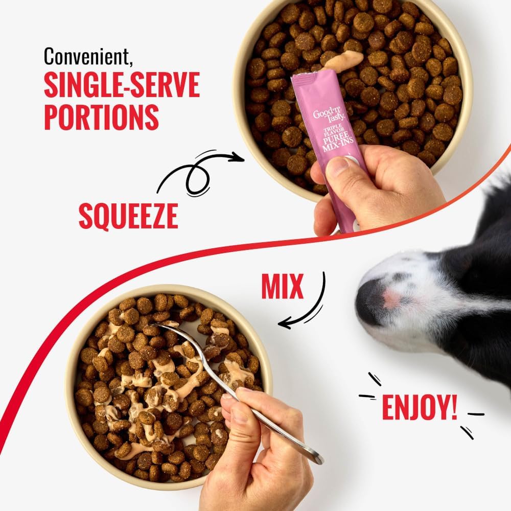 Good 'n' Tasty Triple Flavor Puree Mix-Ins Dog Food Topper Treats for All Dogs, 7 Count, Easy Single-Serve Portions, Added Protein with Salmon, Tuna and Krill, No Chicken or Beef Added
