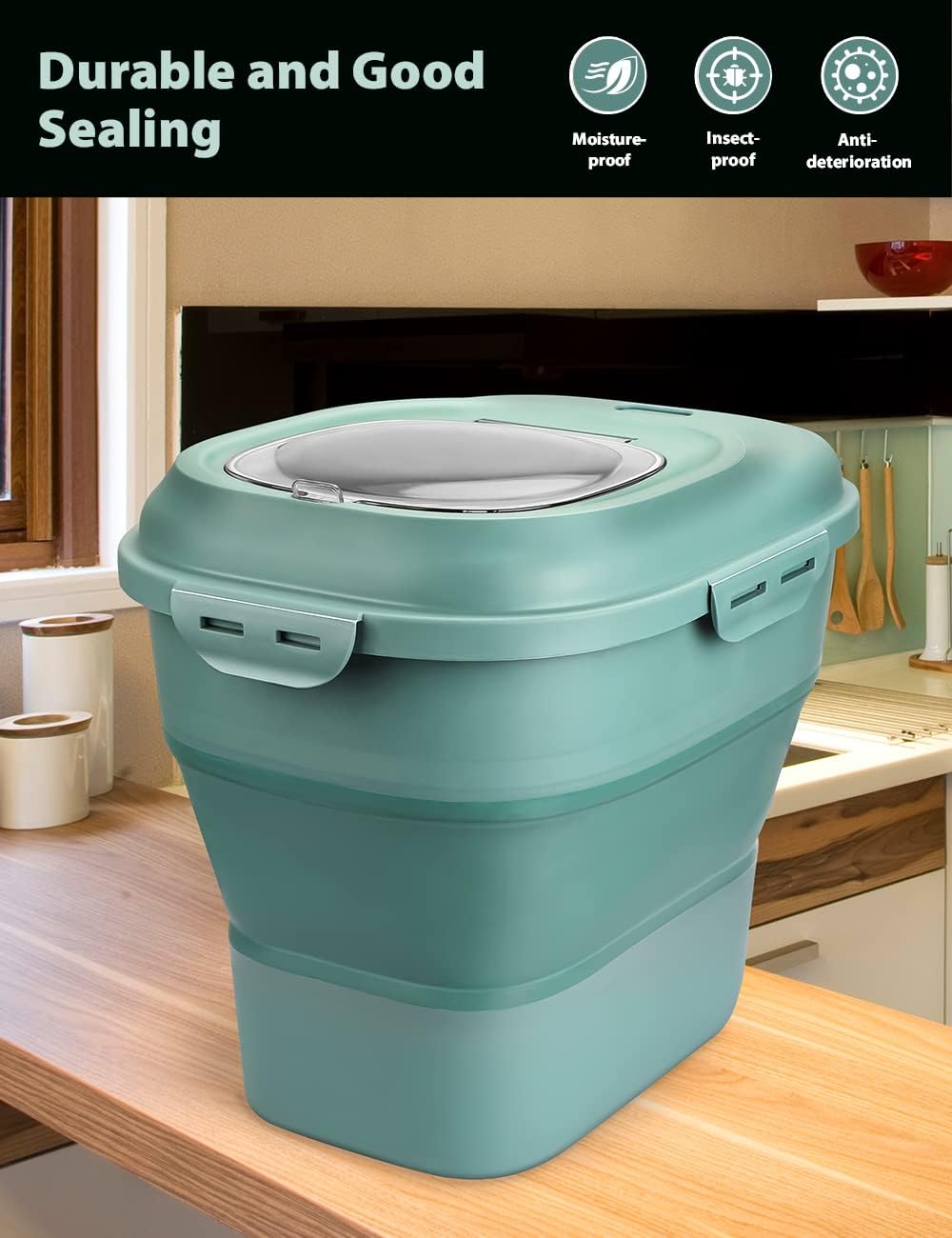 Cereal Rice Storage Containers, 20 to 50Lbs Collapsible Dry Food Dispenser Bins with Airtight Flip Lid Rolling Wheel, Kitchen Pantry to Store Sugar Flour, Dog Pet Cat Food Holder Container