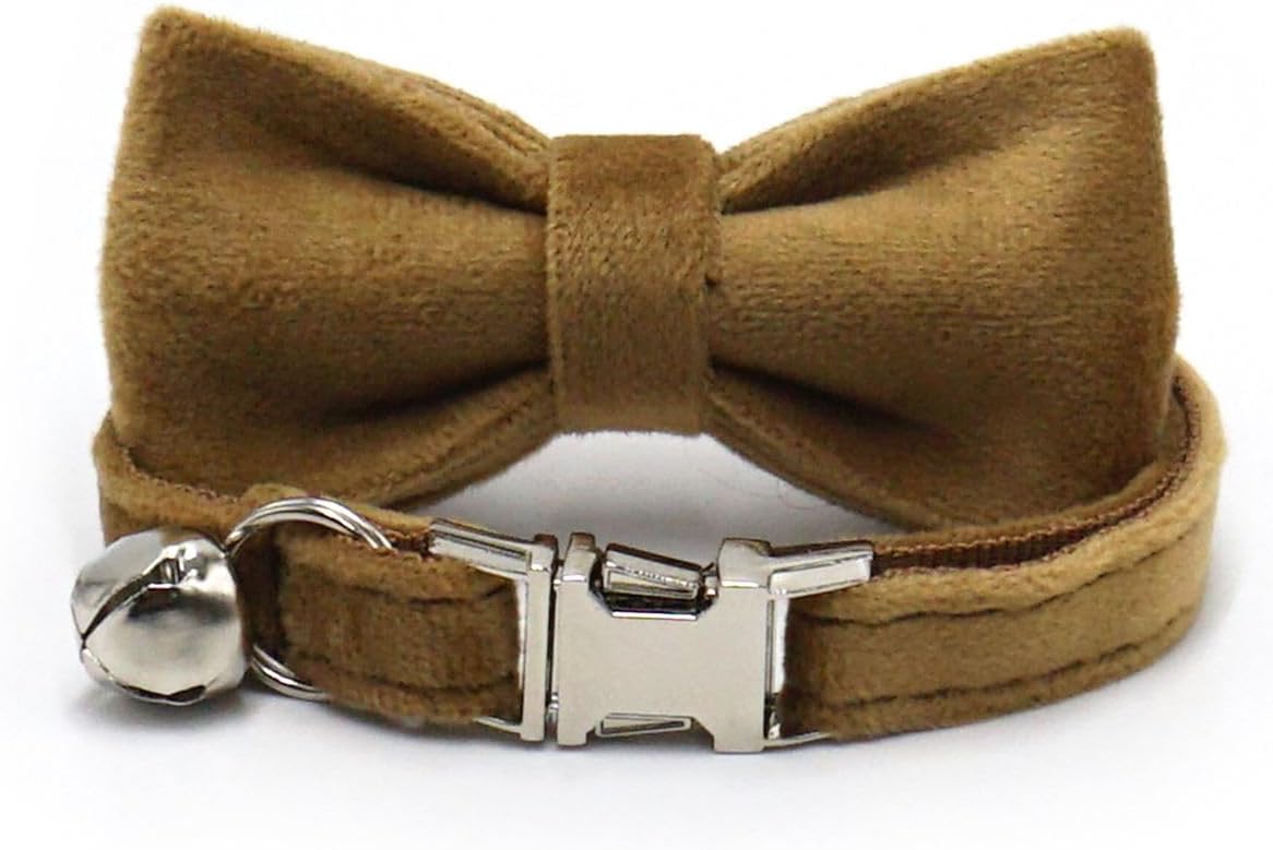 Personalized Cat Collar with Bells,Velvet Customized Small Cat Collar with Name Tag,Pet Collar with Name Phone Number Engraved ID Tags for Boy and Girl Kitten Cats (Camel Color)