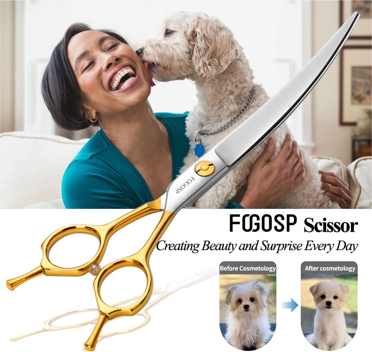 Curved Dog Grooming Scissors Professional 7" Grooming Shears for Dogs Pet Right Handed Groomer Japan 440C Stainless Steel (7 in Curved, Gold)