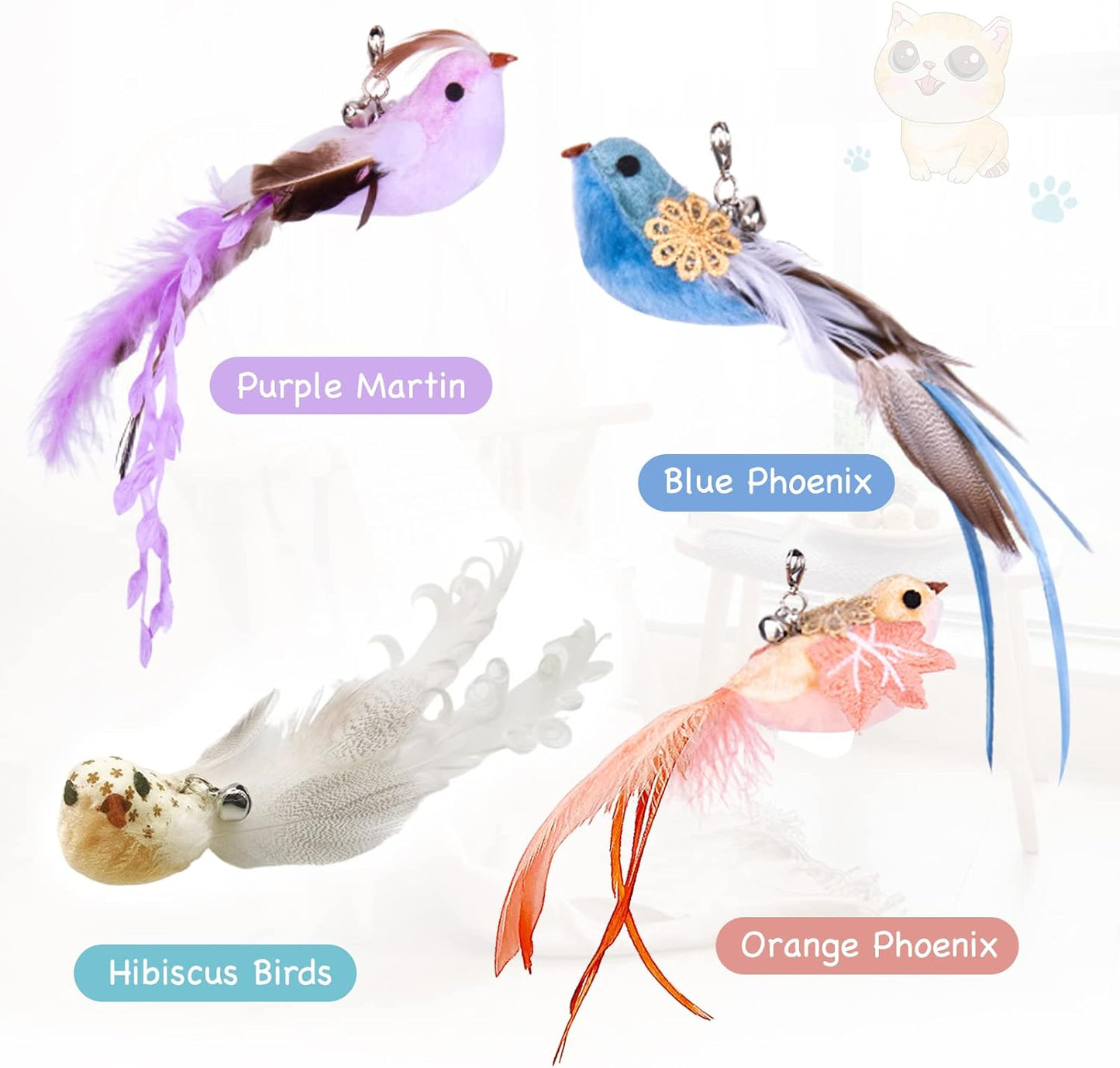 Cat Toys Wand, Interactive Cat Toy with Super Suction Cup Sticky Detachable 12 PCS Feather Replacements 2 Wands Cat Spring Feather Toys for Indoor Cats Kitten Toys (4 Birds Replacements)