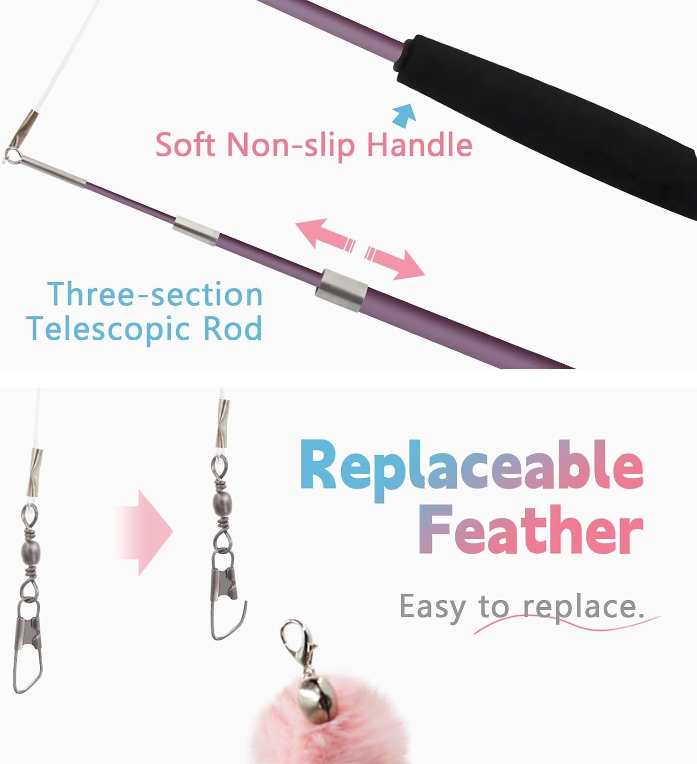 SONGWAY Cat Wand Toys for Indoor Cats - Cat Toy Set with Retractable Teaser Wand and 6 PCS Fairy Feather Toy Refills, Butterfly Tassel Plush Cat Toys Interactive, Pink