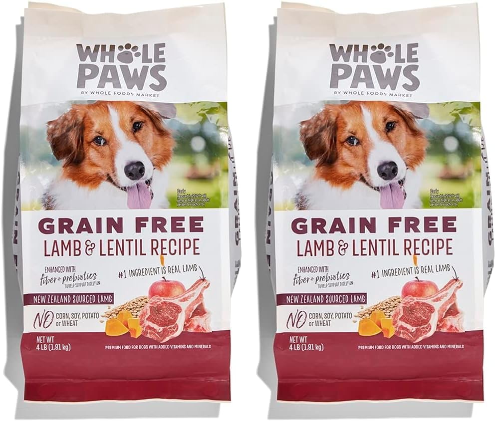 Whole Paws, Grain-Free Dry Dog Food, Lamb & Lentil Recipe, Enhanced with Fiber & Prebiotics, 4 lb (Pack of 2)