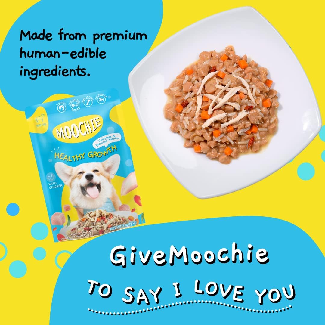 MOOCHIE Soft Puppy Wet Dog Food - Healthy Growth - Real Chicken, Beef, Vegetables & Rice - No Artificial Flavors or Preservative - 12 x 3 oz Pouch