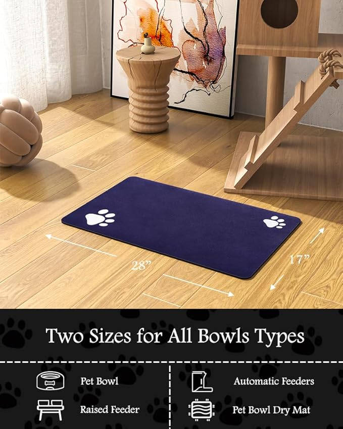 Pet Feeding Mat-Absorbent Dog Mat for Food and Water Bowl-No Stains Quick Dry Water Dispenser Mat-Dog Accessories Pet Supplies-Bowl for Messy Drinkers(Navy,17"x28"