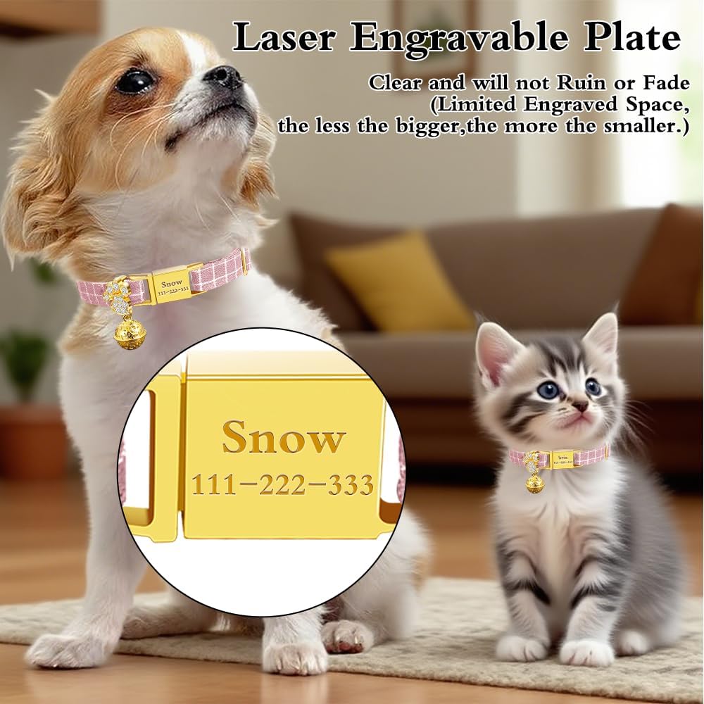 Personalized Breakaway Cat Collars - Magnetic Buckle, Bell - Safety Quick Release, Customized for Girls & Boys Cats - Herringbone