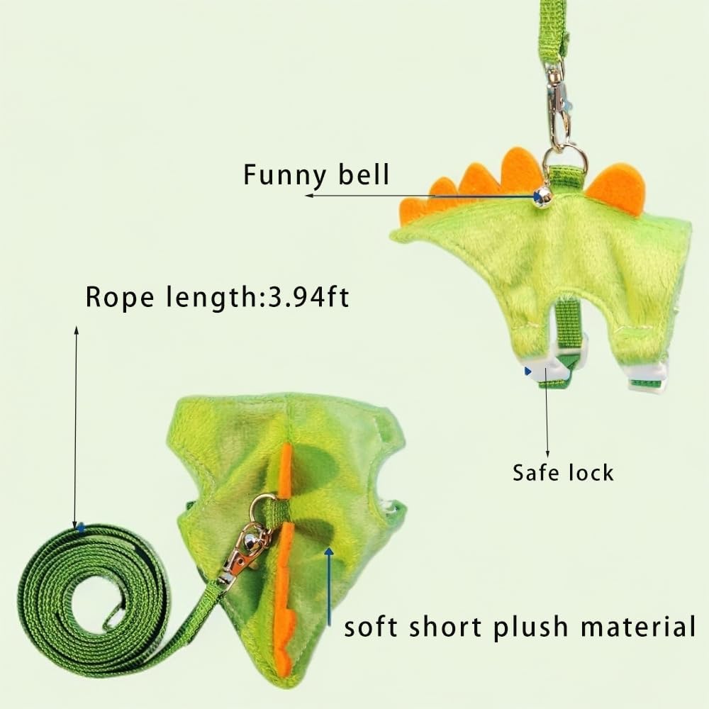 Ferret Leash and Harness Set, Dinosaur Design Small Animal Harness with Leash, Adjustable & Escape-Proof, Soft Plush Comfort for Rabbits, Kitten, Bunny, Hedgehog (Green)