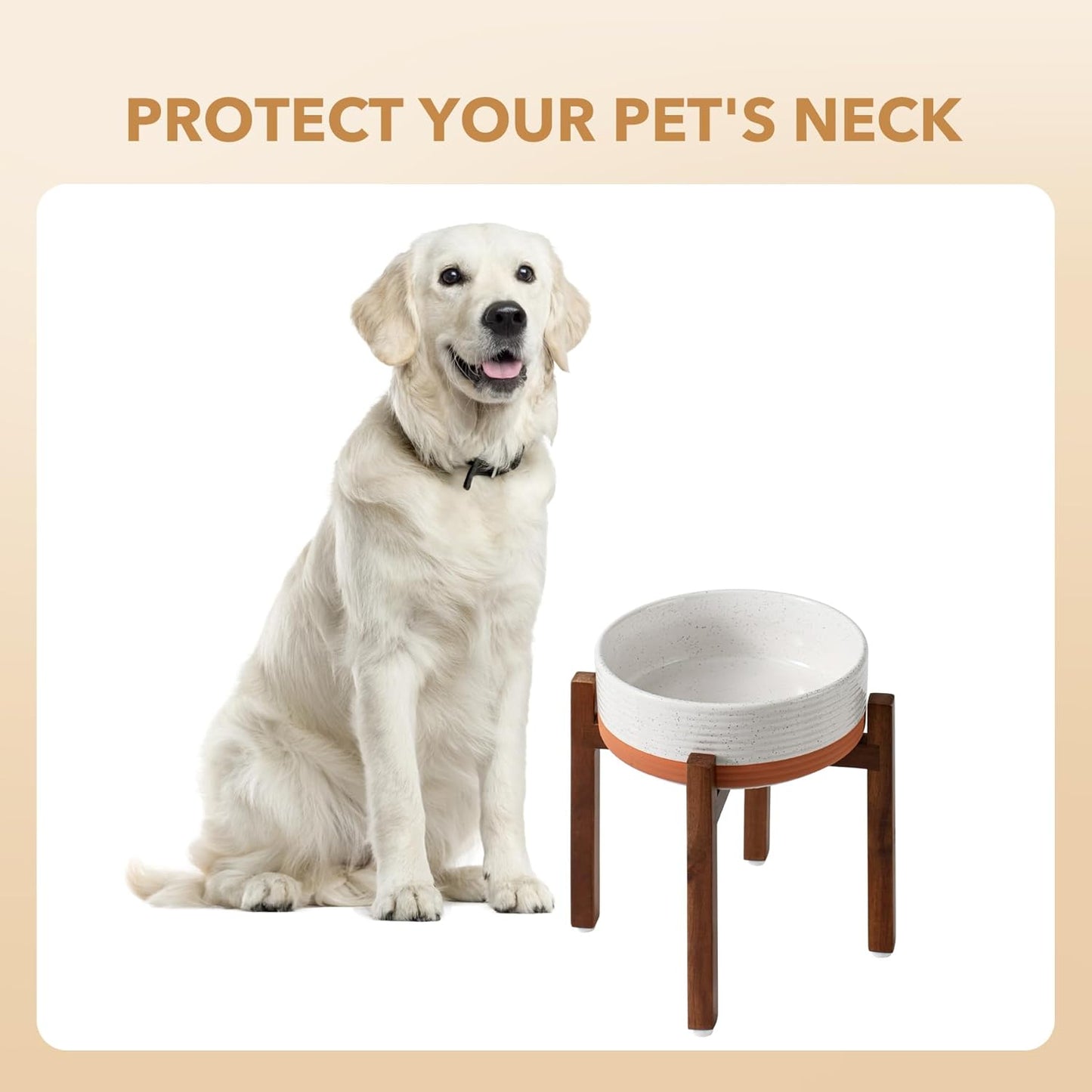 Ceramic 8.2inch Raised Dog Bowl Set, Elevated with Acacia Wood Stand, Food and Water Bowl for Large Breed Dogs, Weighted Pet Dishes(60oz, Vanilla White)